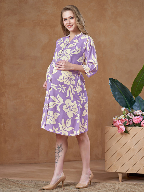 LOVELY MOM'S Women Floral Printed V-Neck Maternity A-Line Above Knee Dress - Image 4