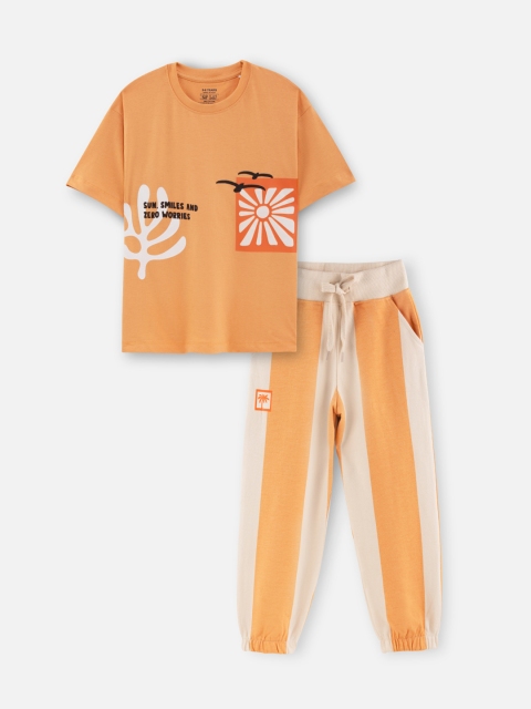 Nap Chief Kids Unisex Sun and Smiles Printed Pure Cotton T-Shirt With Joggers