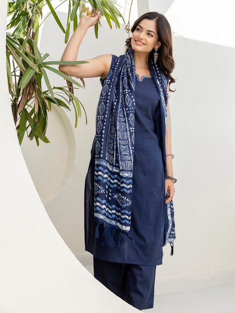 Anouk Rustic Notch Neck Thread Work Pure Cotton Straight Kurta With Trousers & Dupatta