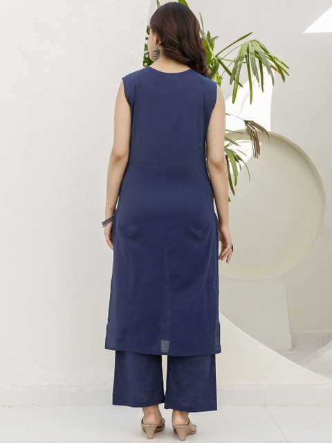 Anouk Rustic Notch Neck Thread Work Pure Cotton Straight Kurta With Trousers & Dupatta - Image 4