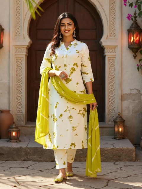 SZN Abstract Printed Mandarin Collar Straight Kurta With Trouser And Dupatta