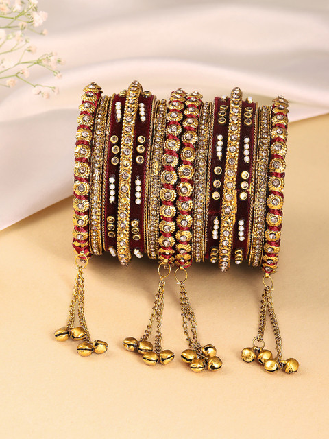 Peora Set Of 10 Gold Plated Kundan Studded Chuda with Latkan Bangles