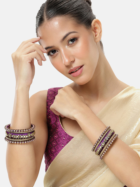 Peora Set Of 10 Gold-Plated Kundan Silk Thread Ethnic Bangles - Image 6