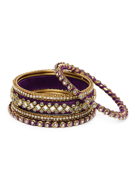 Peora Set Of 10 Gold-Plated Kundan Silk Thread Ethnic Bangles - Image 3