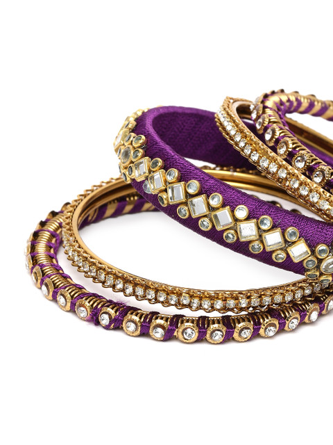 Peora Set Of 10 Gold-Plated Kundan Silk Thread Ethnic Bangles - Image 5