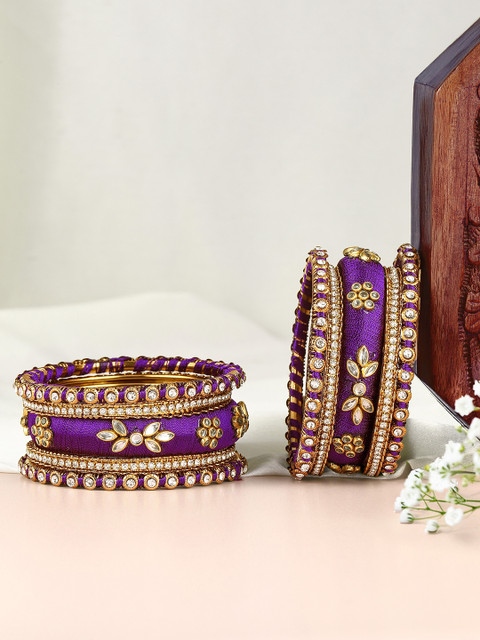 Peora Set Of 10 Gold-Plated Kundan Silk Thread Ethnic Bangles