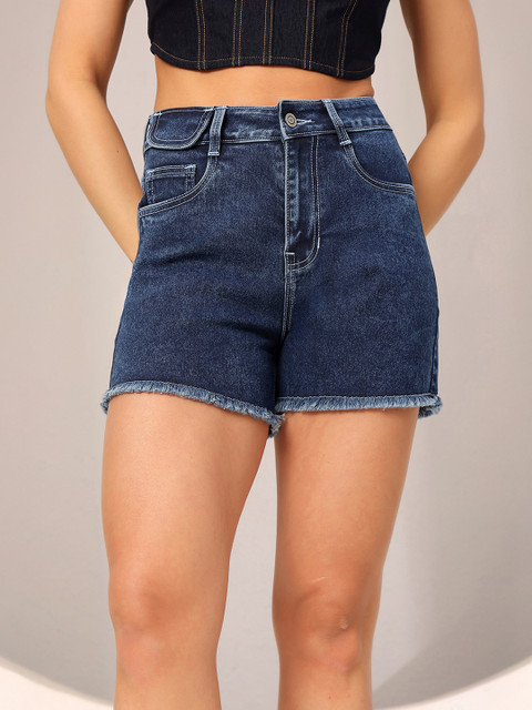 DOLCE CRUDO Women Solid Relaxed Fit High-Rise Denim Shorts