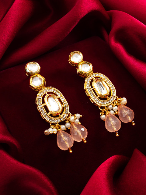 Anouk Gold-Plated Artificial Stones Studded & Pearls Beaded Contemporary Drop Earrings