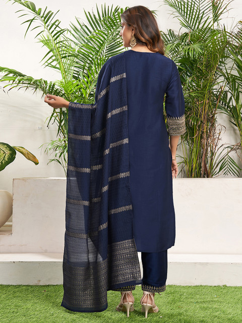 SANISA Floral Embroidered V-Neck Thread Work Straight Kurta With Trouser And Dupatta - Image 3