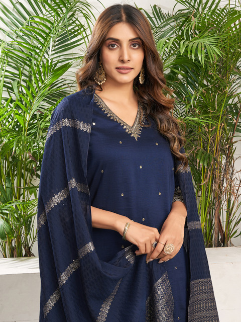 SANISA Floral Embroidered V-Neck Thread Work Straight Kurta With Trouser And Dupatta