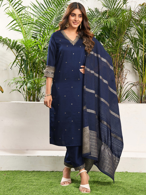 SANISA Floral Embroidered V-Neck Thread Work Straight Kurta With Trouser And Dupatta - Image 5