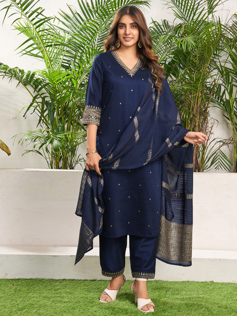 SANISA Floral Embroidered V-Neck Thread Work Straight Kurta With Trouser And Dupatta - Image 2