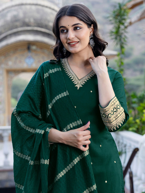 SANISA Women Ethnic Motifs Embroidered Kurta with Trousers & Dupatta