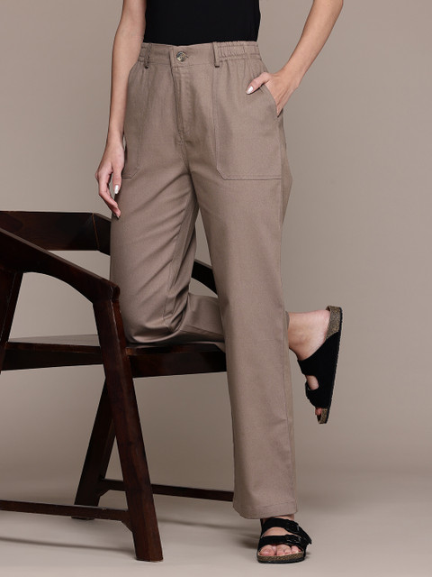 Popnetic Women Relaxed Straight Leg High-Rise Pure Cotton Trousers