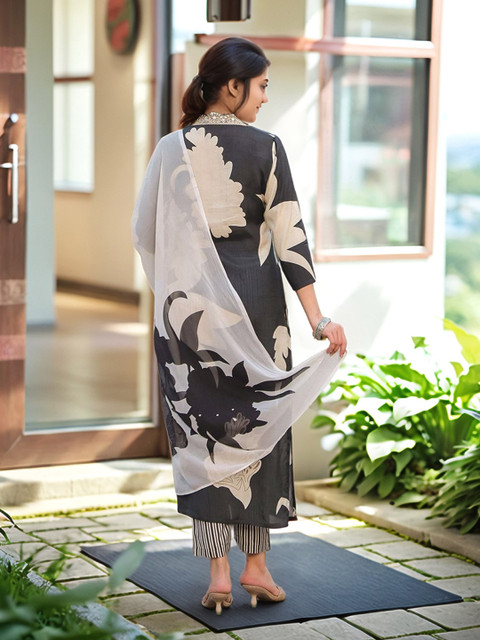 Aaghnya Women Floral Printed Regular Sequinned Kurta with Trousers & Dupatta - Image 5