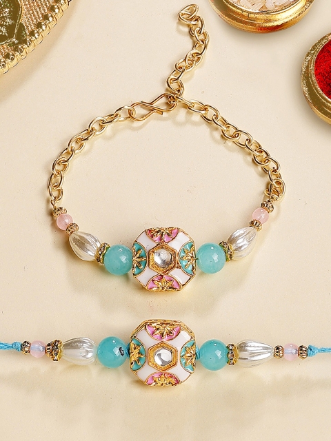 KARATCART Gold Plated Artificial Beads & Kundan Studded Enamelled Bhaiya Bhabhi Rakhi