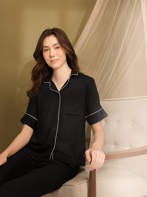 ETC Cuban Collar Contrast Piping Detail Night suit