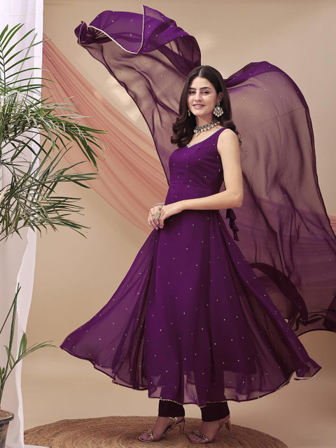 TextileNow Embroidered Sweetheart Neck Sequinned Georgette A-Line Kurta Trousers & Dupatta