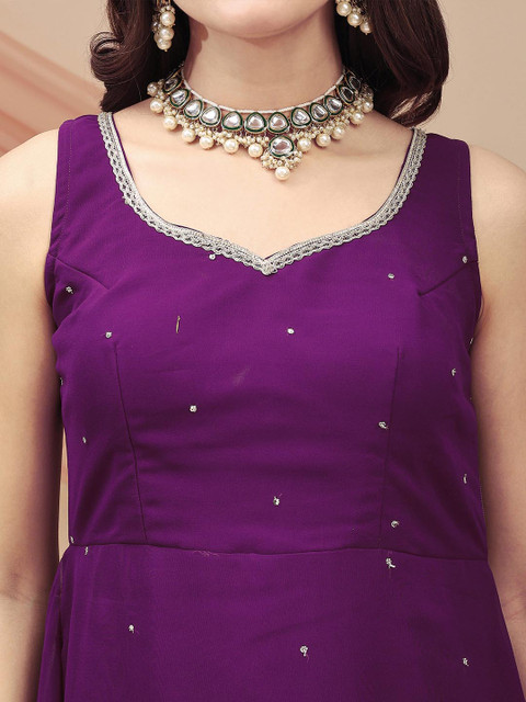 TextileNow Embroidered Sweetheart Neck Sequinned Georgette A-Line Kurta Trousers & Dupatta - Image 2