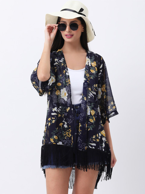 ANVI Be Yourself Floral Printed Georgette Shrug With Fringed Hem