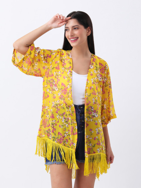 ANVI Be Yourself Floral Printed Georgette Shrug With Fringed Hem