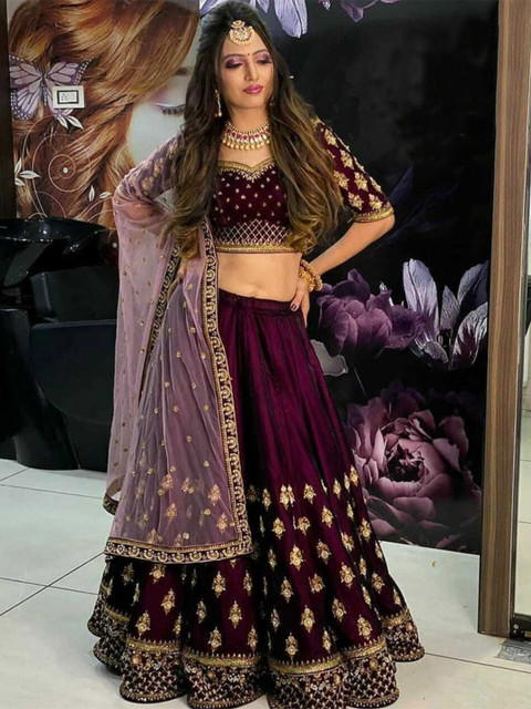 BAESD Embroidered Velvet Semi-Stitched Lehenga & Unstitched Blouse With Dupatta