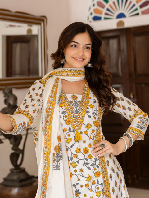 Anouk Floral Printed Bagru Pure Cotton Kurta with Palazzos & Dupatta