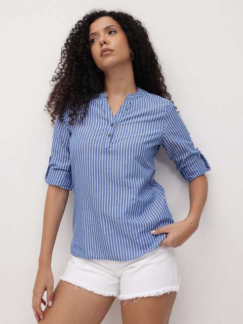 The Roadster Lifestyle Co. Striped Mandarin Collar Pure Cotton Shirt Style Top