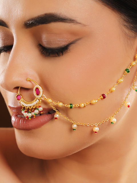 Rubans 18K Gold-Plated Ruby Kundan Studded Multi-Colour Pearl Bead Triple-Layer Chain Nath