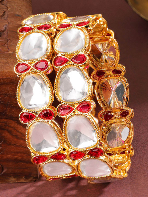 Rubans Set of 2 18K Gold-Plated White Cubic Zirconia & Ruby Red Stone Studded Bangles