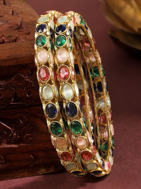 Rubans Set of 2 18K Gold-Plated Multi-Coloured Oval Stone Studded Designer Bangles