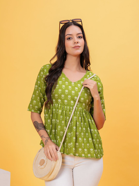 KALAMIR Women Print Twisted Cotton Top