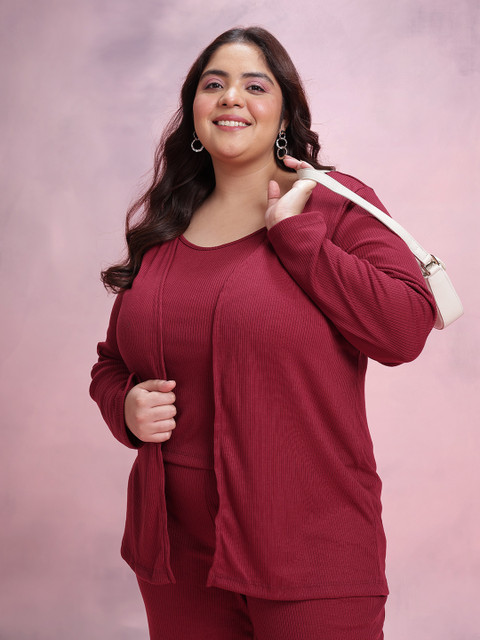 Dressberry Curve Plus Size Ribbed Top & Palazzos With Shrug