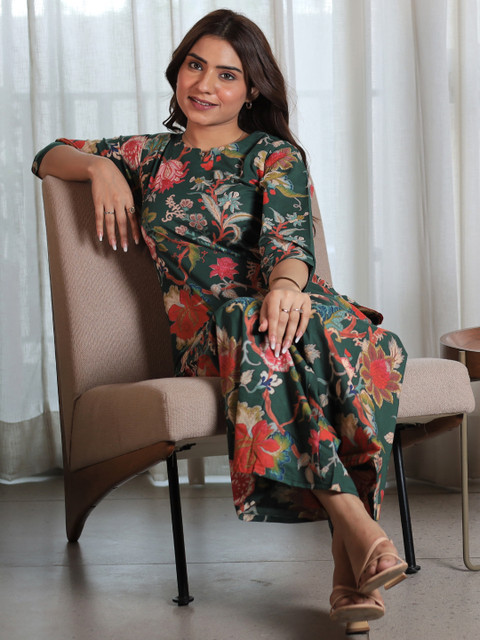 Libas Floral Printed Notch Neck Kurti With Pyjamas