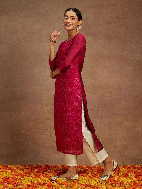 Libas Floral Embroidered Notch Neck Chanderi Silk Straight Kurta - Image 3