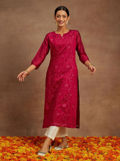 Libas Floral Embroidered Notch Neck Chanderi Silk Straight Kurta