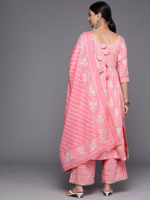 Libas Womens Pink Yoke Design Cotton Anarkali Kurta With Palazzos & Dupatta - Image 5