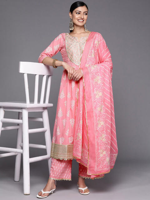Libas Womens Pink Yoke Design Cotton Anarkali Kurta With Palazzos & Dupatta - Image 7