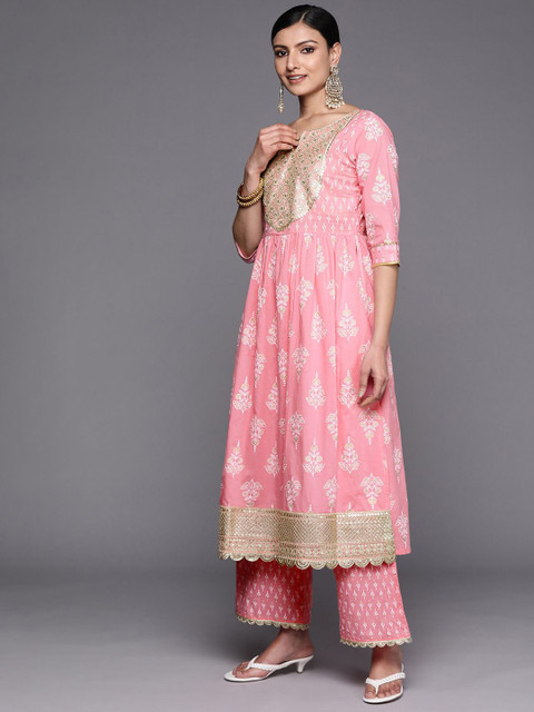 Libas Womens Pink Yoke Design Cotton Anarkali Kurta With Palazzos & Dupatta - Image 6