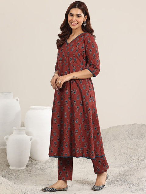Libas Floral Printed V-Neck A-Line Kurta with Trousers & With Dupatta - Image 5