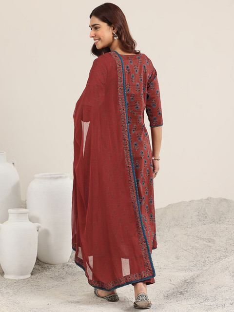 Libas Floral Printed V-Neck A-Line Kurta with Trousers & With Dupatta - Image 6