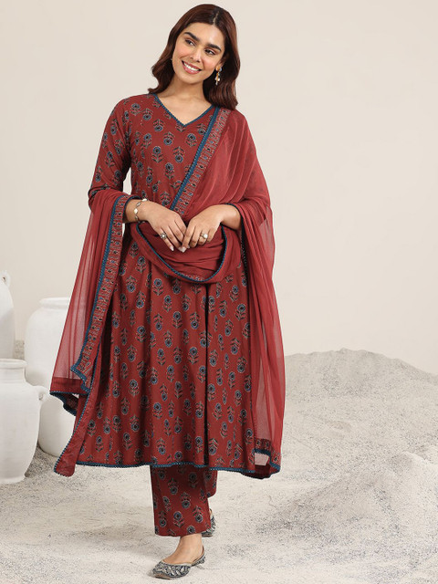 Libas Floral Printed V-Neck A-Line Kurta with Trousers & With Dupatta - Image 2