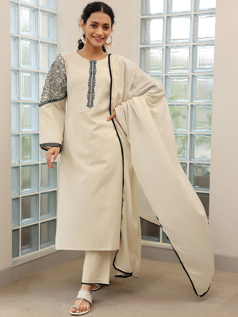 Libas Thread Work Straight Kurta With Palazzos & Dupatta - Image 2