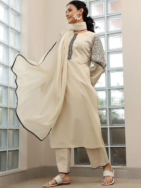 Libas Thread Work Straight Kurta With Palazzos & Dupatta