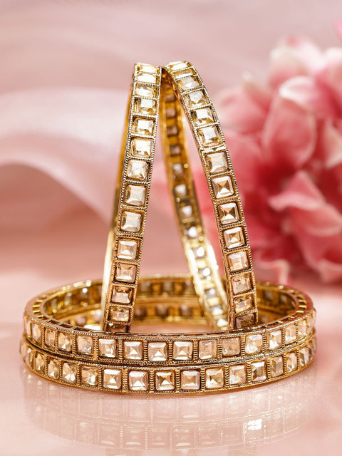 Rubans Set of 4 18K Gold-Plated Square-Cut White Kundan Studded Traditional Bangles - Image 4