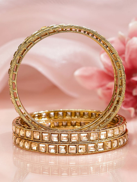 Rubans Set of 4 18K Gold-Plated Square-Cut White Kundan Studded Traditional Bangles - Image 3
