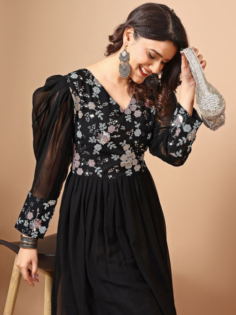 Sangria Floral Embroidered Georgette Sequined Empire Dress