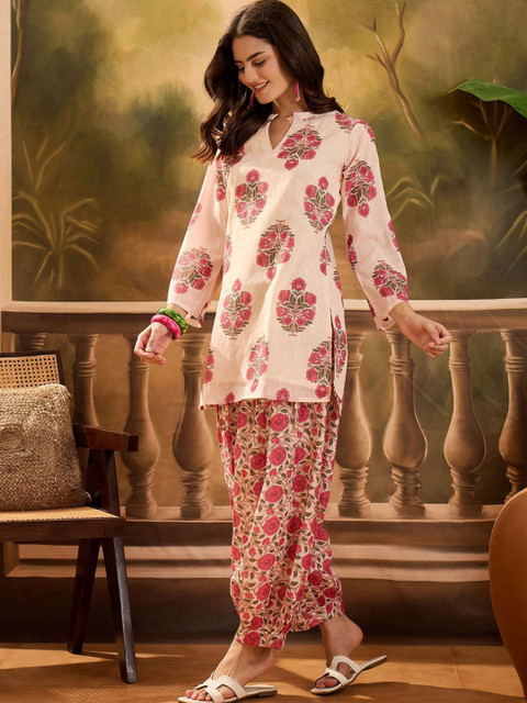 Sangria Women Linen Floral Printed Short Kurti With Farshi Salwar Set - Image 5