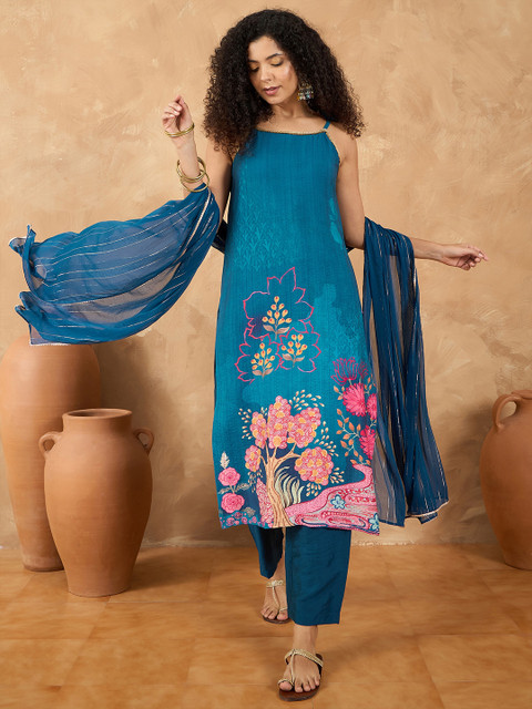 Varanga Women Spaghetti Tie up Strap Straight Floral Kurta with Trousers and Dupatta - Image 2