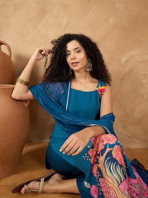 Varanga Women Spaghetti Tie up Strap Straight Floral Kurta with Trousers and Dupatta